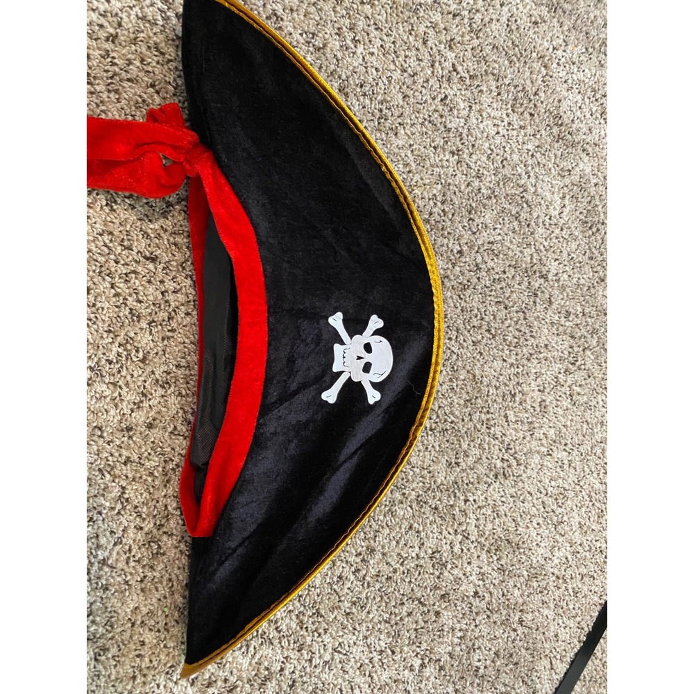 Pirate Costume Hat Black Velvet Skull Crossbones Gold Trim Red Sash Bicorn